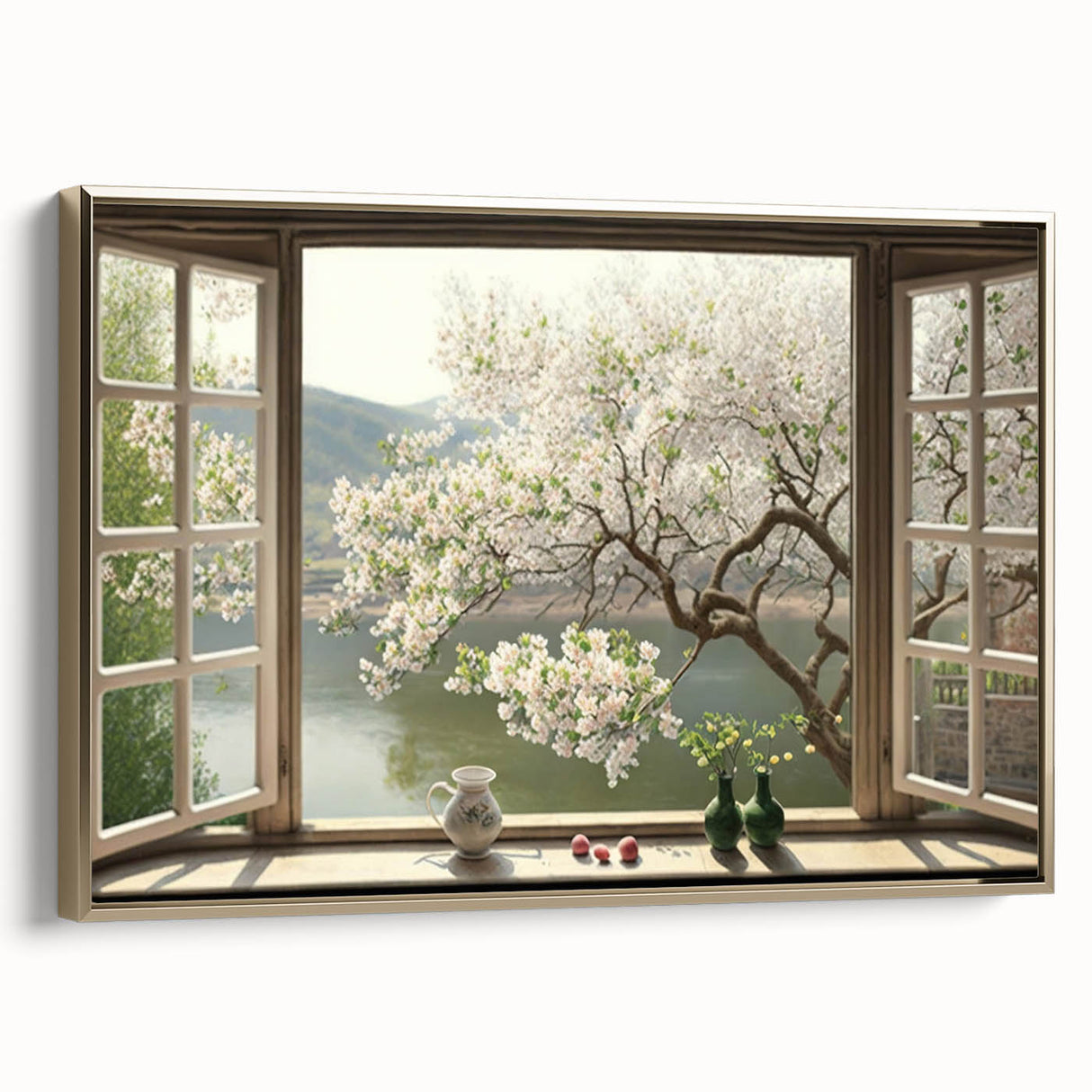 Framed canvas featuring a vintage-style landscape art painting with colorful buildings and black accents.