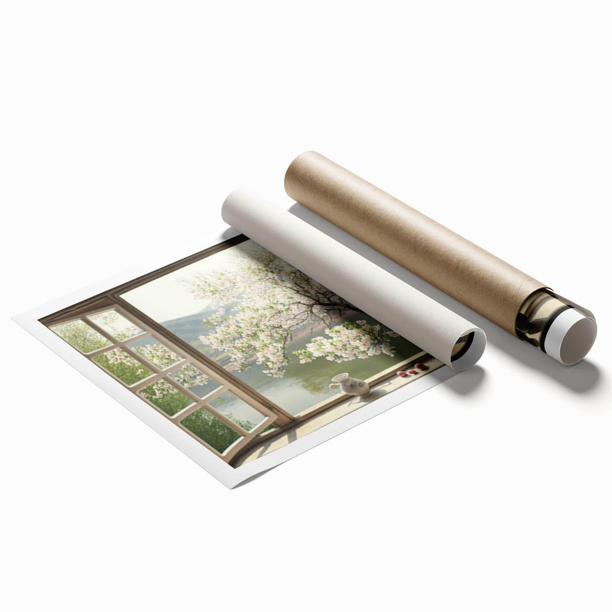 Extra large rolled print of a floral art design on a window architecture backdrop, suitable as classy bathroom wall art.