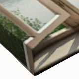 Black and white photograph of a large architectural window design on stretched canvas, suitable for bedroom wall art.