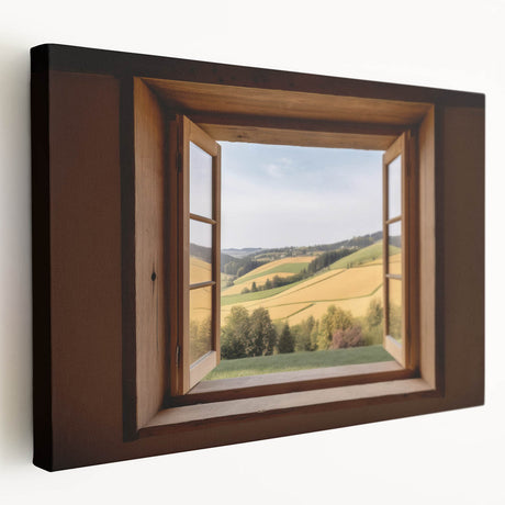 Side view of a large stretched canvas featuring a detailed architectural window design in neutral tones.