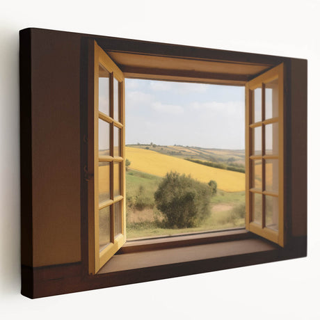 Side view of a large stretched canvas depicting a detailed architectural window design in monochrome.