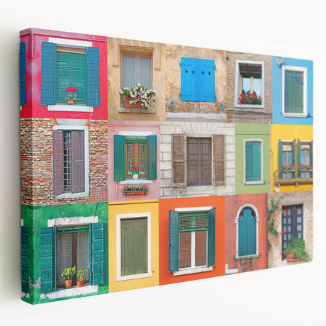 Large art print of an architectural window design on stretched canvas, featuring neutral tones, ideal for kitchen wall art.