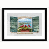 Extra large abstract art print depicting colorful, textured windows, framed in black, suitable for living room decor.