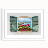 Extra large abstract art print featuring a textured window design in neutral tones, framed with a white mat.