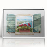 Mid-century modernist large art print of an architectural window design in a white acrylic frame.