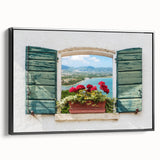 Black and white framed canvas of a vintage window design, ideal for bedroom wall decor.