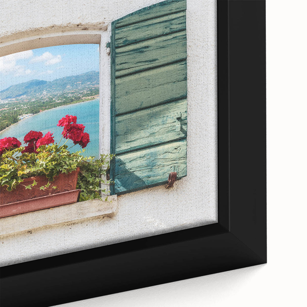 Close-up of black wall art featuring a textured, colorful window design on a framed canvas, suitable for a large living room.