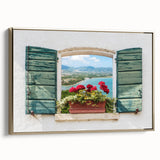 Framed canvas featuring a vintage-style landscape painting with colorful art on a black background.