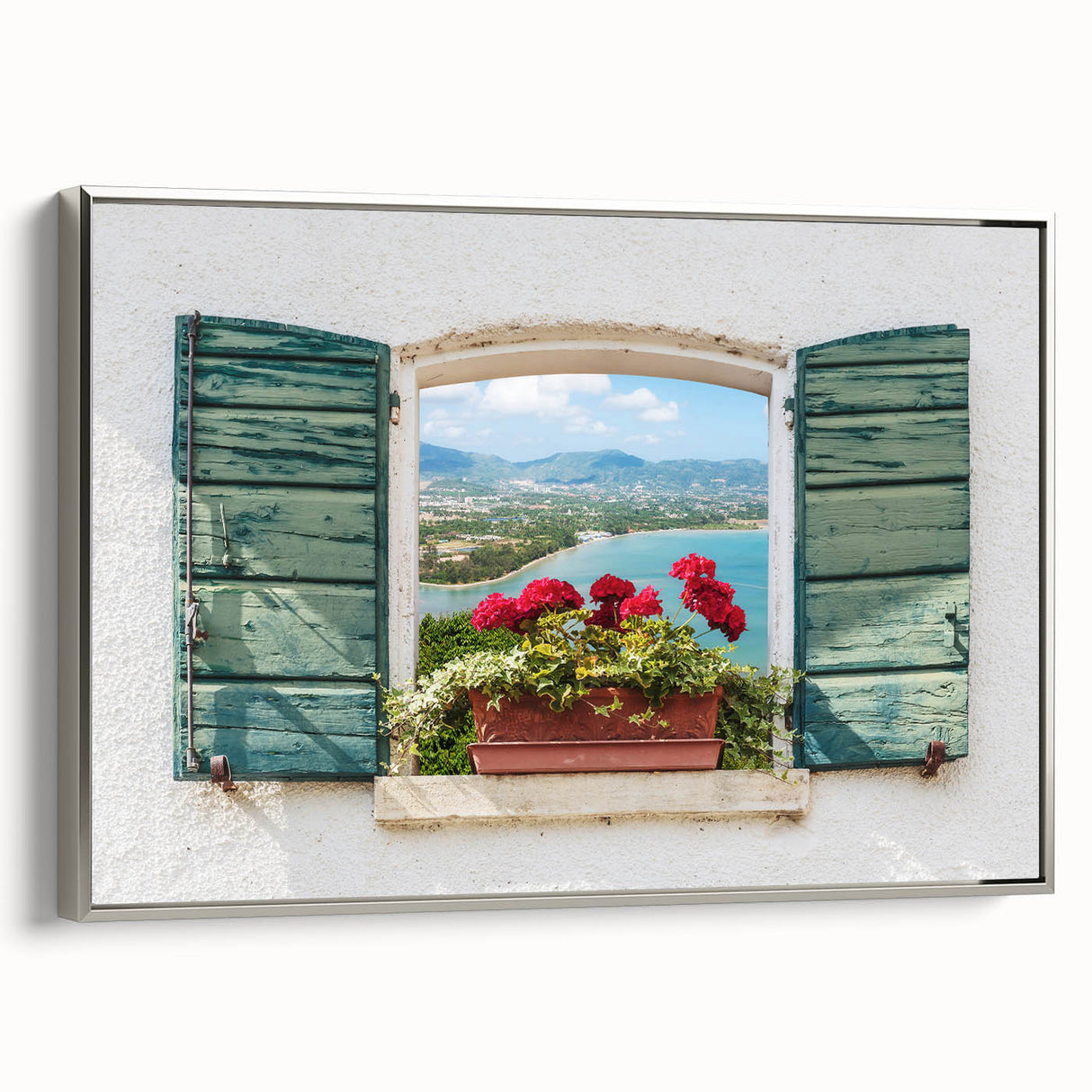 Vintage poster art of an architectural window design in black and colorful tones on a framed canvas.