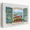 Large art print of a detailed architectural window design on stretched canvas, featuring neutral tones.