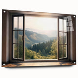 Acrylic print of a large abstract window design in muted gray and blue, ideal for bedroom or dining room decor.