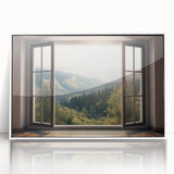 Mid-century modernist architecture print in muted gray, framed in white acrylic.