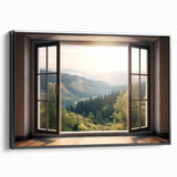 Black and white framed canvas featuring a vintage poster-style landscape through an architectural window.