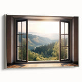 Vintage poster art of an architectural window design in black with colorful accents on a framed canvas.