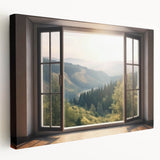 Side view of a stretched canvas featuring a large, detailed architectural window design in gray tones.