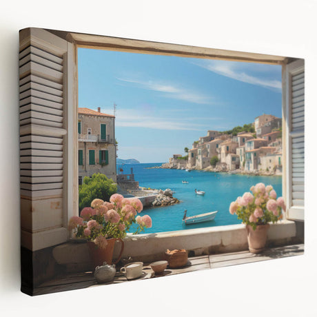 Side view of a large stretched canvas featuring a detailed architectural window design in neutral tones.