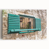 Black and white photo of an intricate window design on stretched canvas, ideal for kitchen wall art.