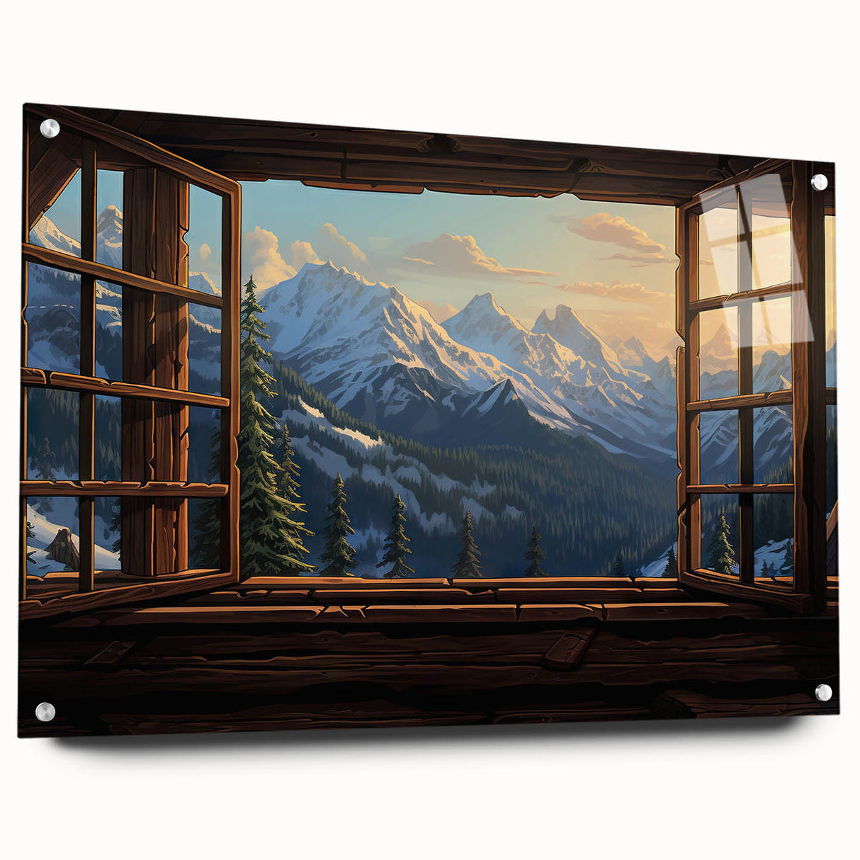 Large abstract wall art on acrylic glass depicting architectural windows in muted gray.