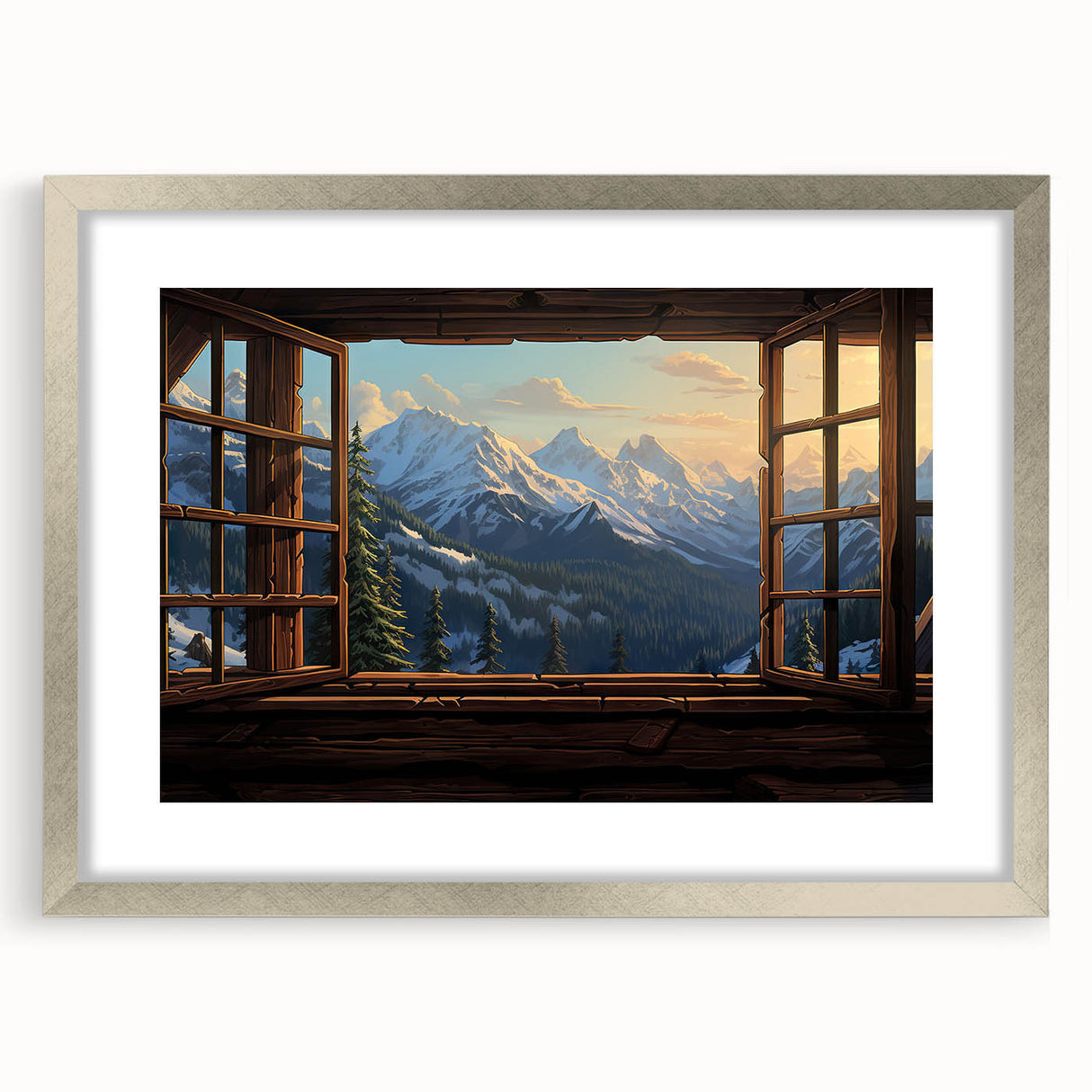 Abstract art print featuring geometric patterns in muted gray and blue tones on a framed canvas.