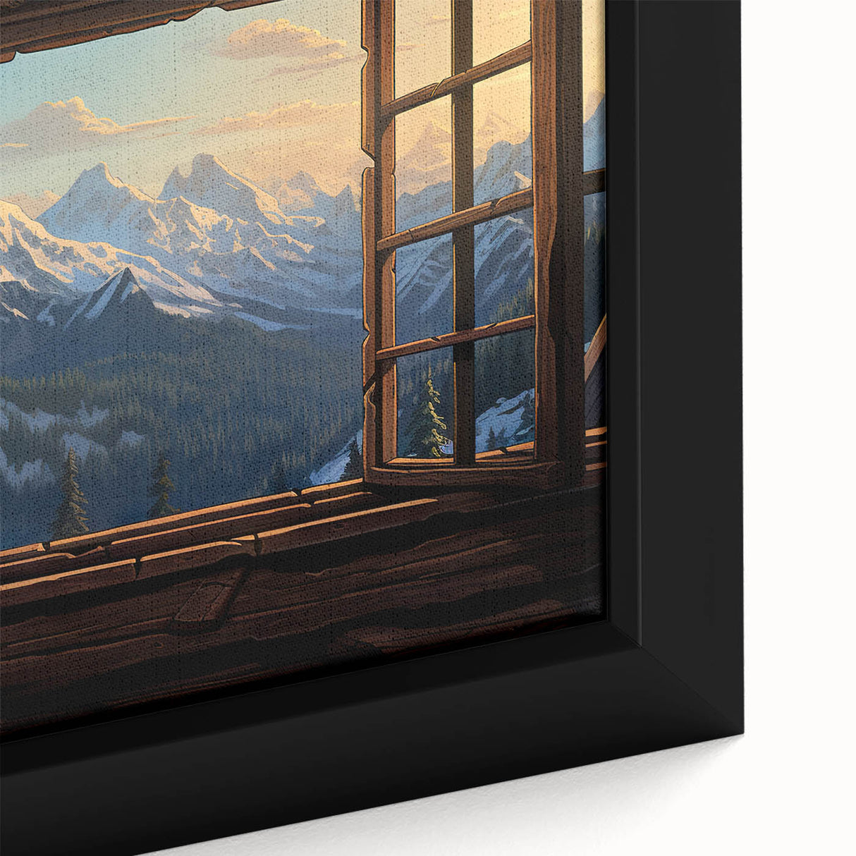 Framed canvas featuring a close-up of a black architectural window design with colorful, textured art.