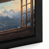 Framed canvas featuring a close-up of a black architectural window design with colorful, textured art.