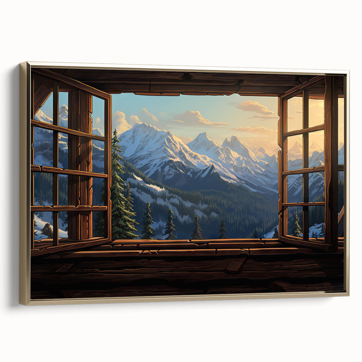 Framed canvas of a vintage architectural window design in black with colorful accents, ideal for office decor.