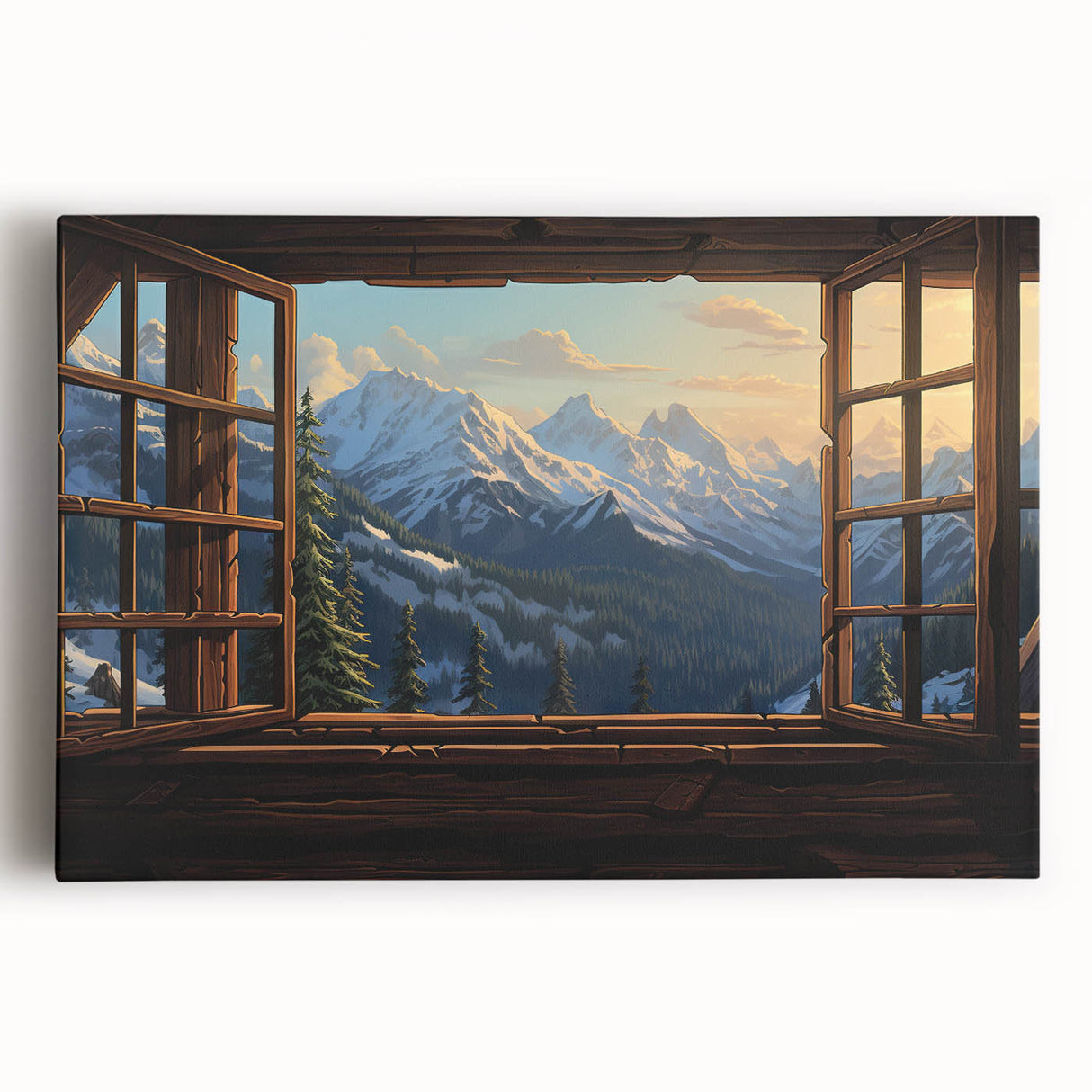 Black and white large art print of a window design on stretched canvas, suitable for kitchen wall art.