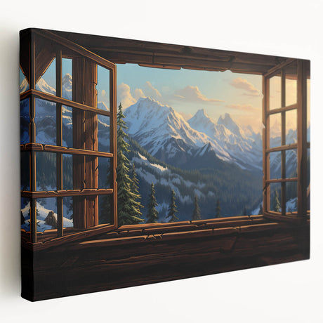 Large art depicting an architectural window design on stretched canvas, in muted earth tones, ideal for kitchen wall decor.