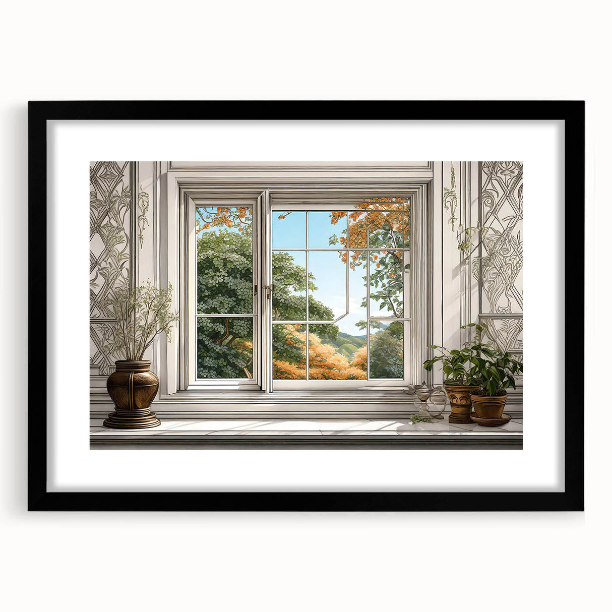 Abstract art print featuring vibrant, colorful textured patterns on a large canvas, framed in black.