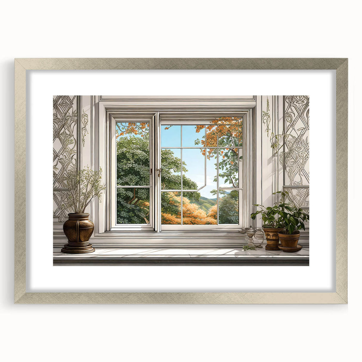 Abstract art print featuring geometric patterns in muted gray and silver, framed with a silver mat.