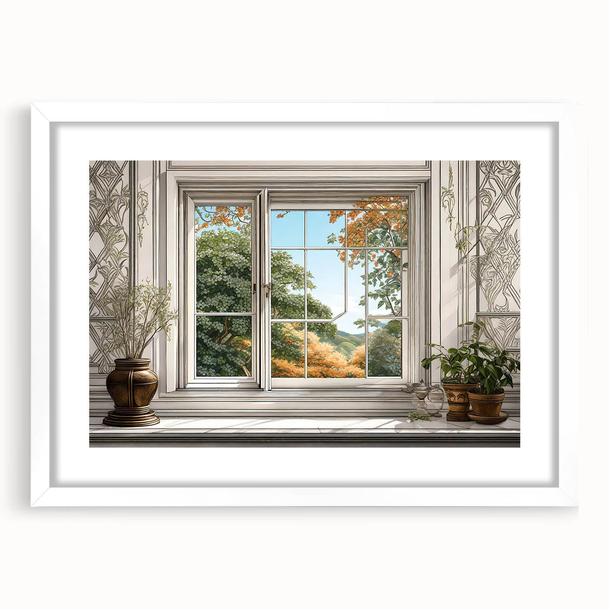 Extra large abstract art print with textured design in neutral tones, framed with white mat, suitable for living room decor.