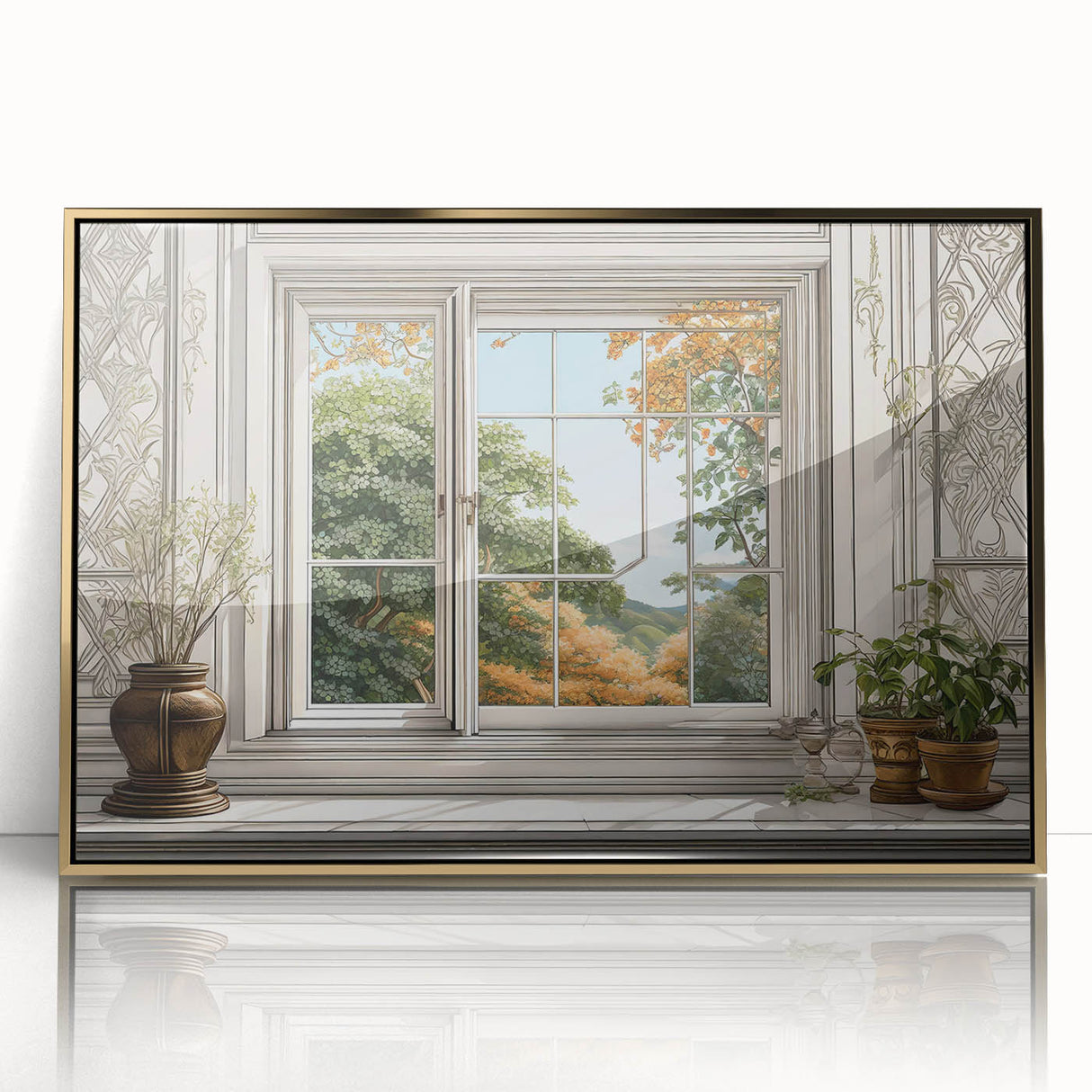 Mid-century modernist art featuring geometric patterns in gold and black on acrylic, ideal for modern art wall decor.
