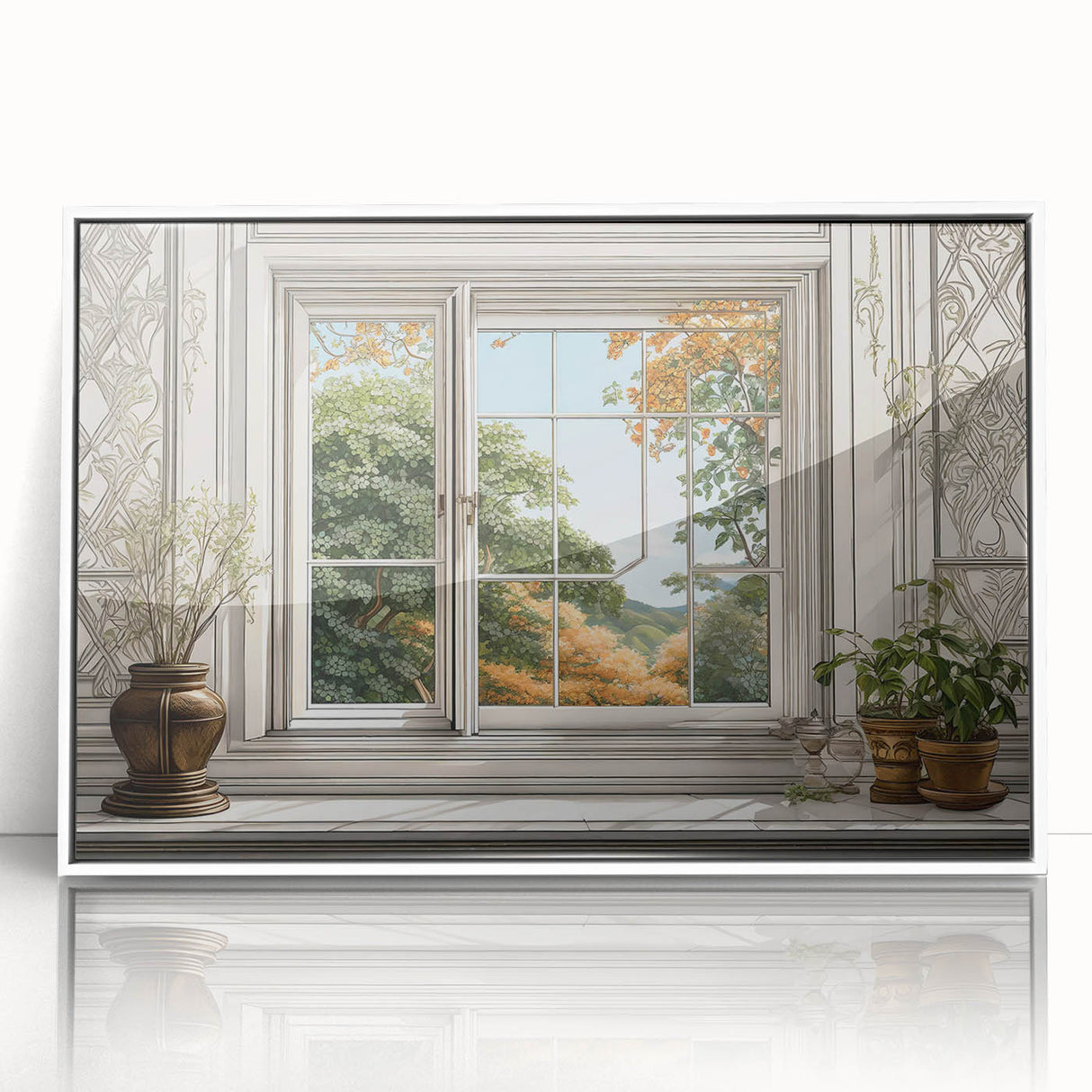Large art print of a mid-century modernist architectural window design in muted gray and white, framed acrylic.