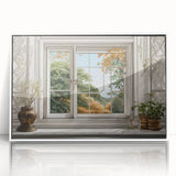 Large art print of a mid-century modernist architectural window design in muted gray and white, framed acrylic.