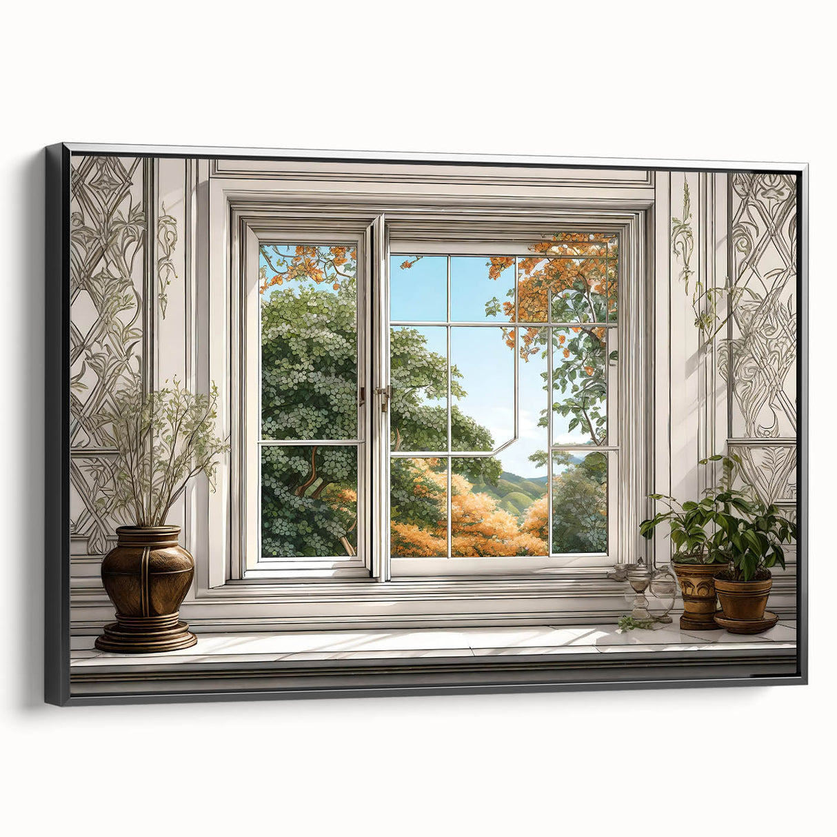 Black and white framed canvas featuring a vintage-style architectural window design, suitable for bedroom wall decor.