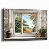 Black and white framed canvas featuring a vintage-style architectural window design, suitable for bedroom wall decor.