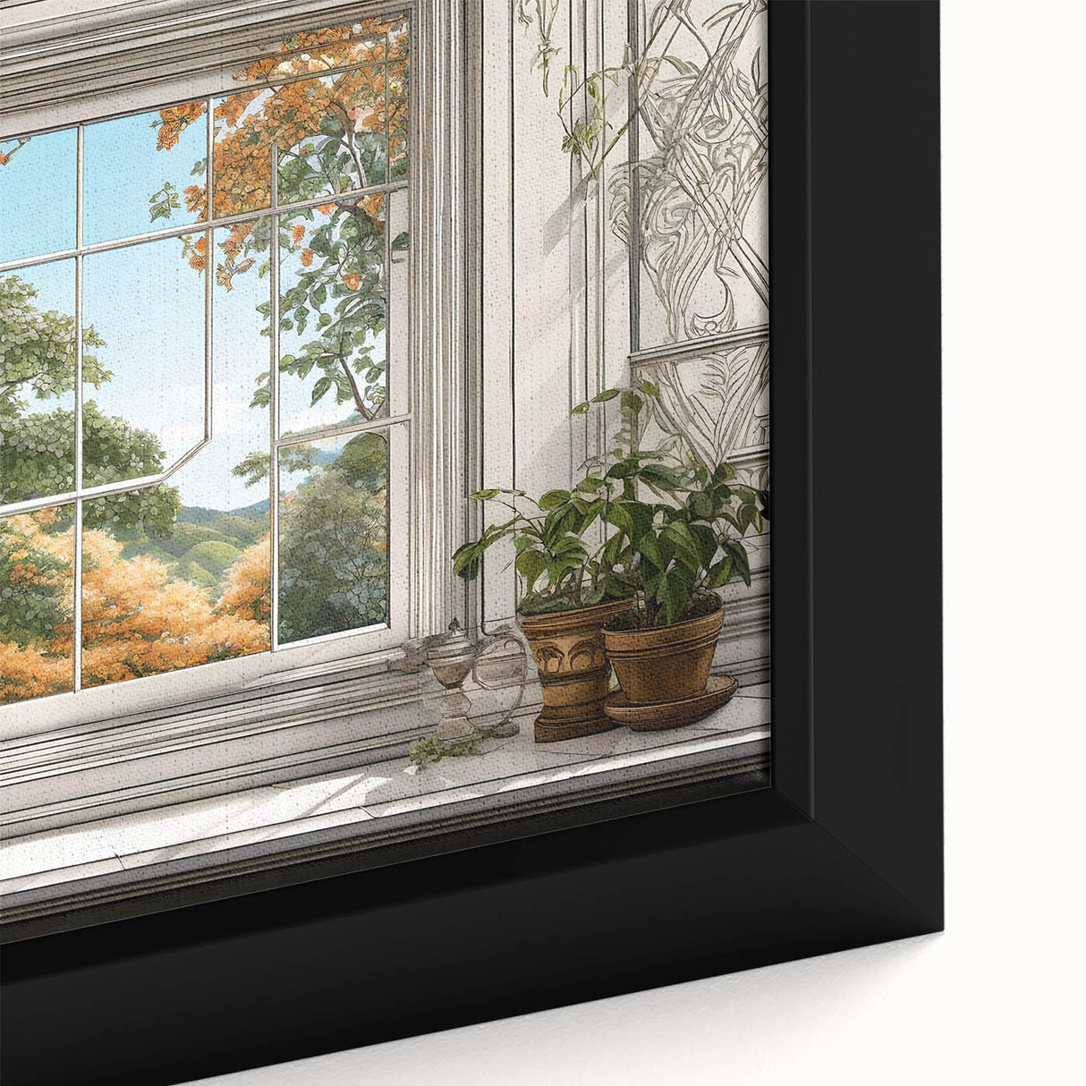 Close-up of a black framed canvas featuring a colorful, textured depiction of architectural windows.