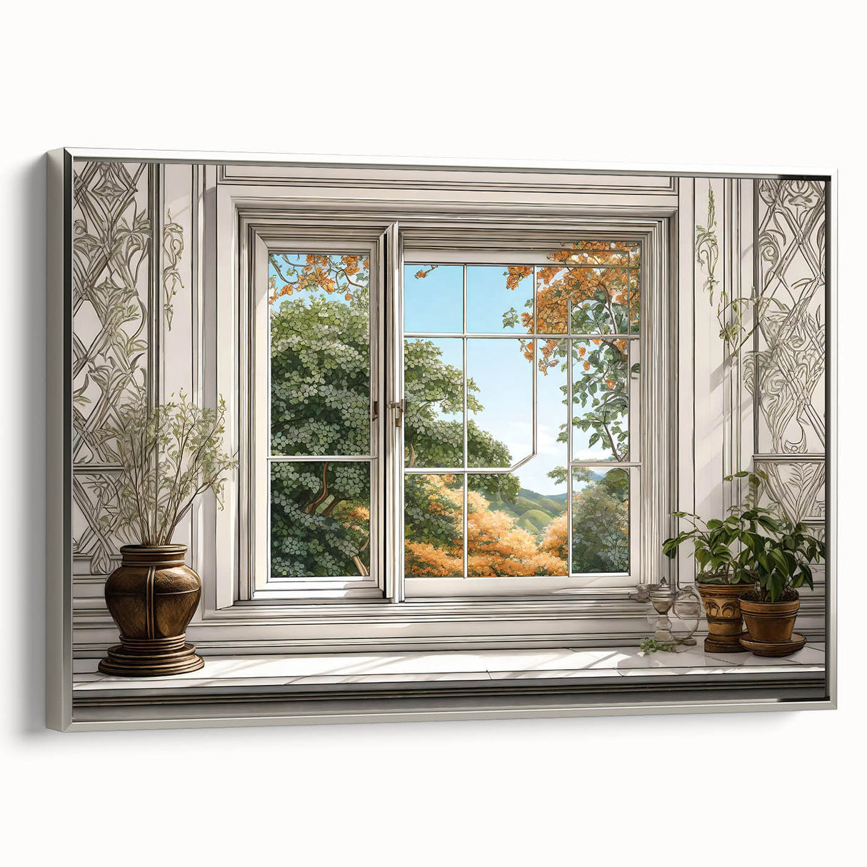 Vintage poster art of a colorful architectural window design on a silver-framed canvas, ideal for living room decor.
