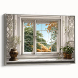 Vintage poster art of a colorful architectural window design on a silver-framed canvas, ideal for living room decor.