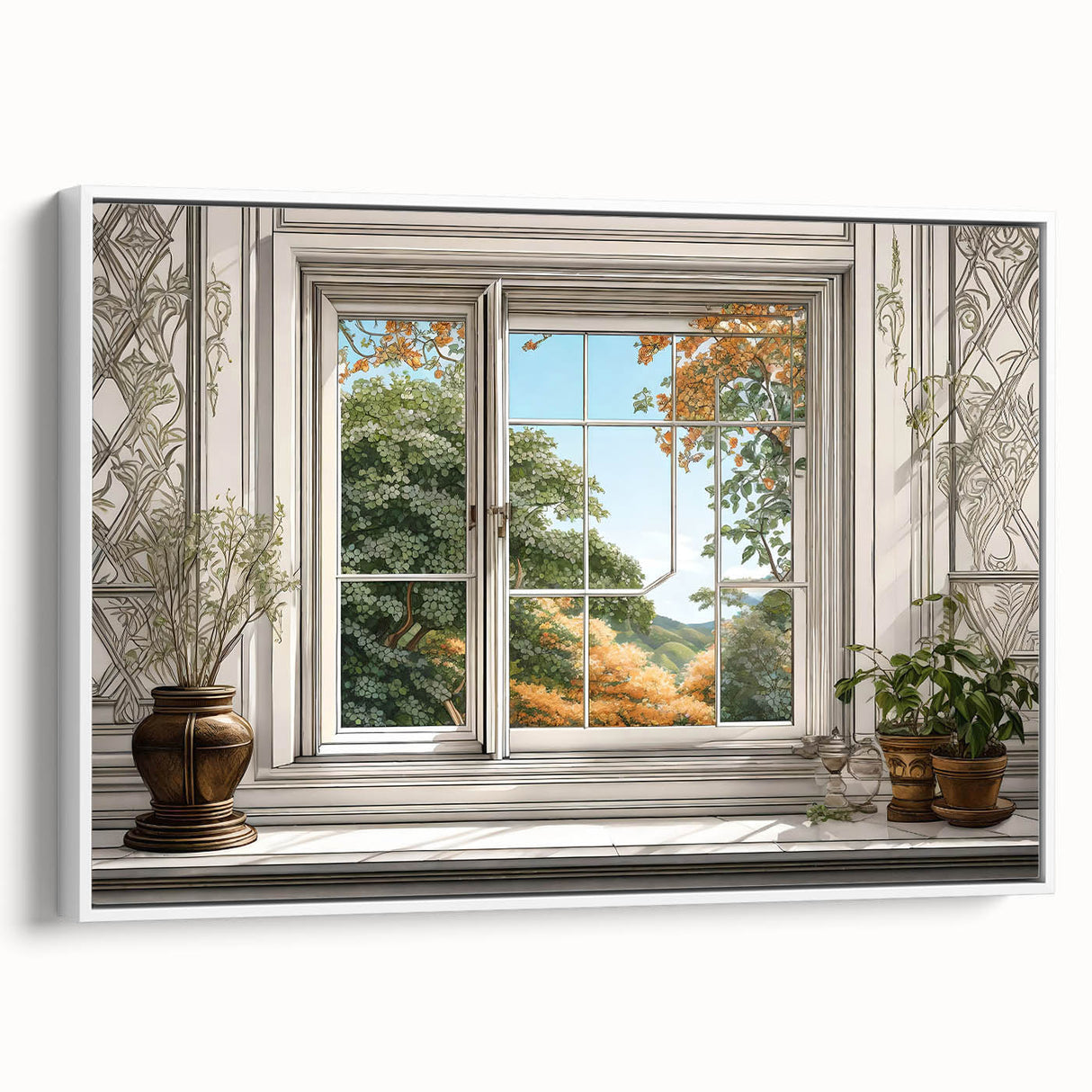 Framed canvas of a vintage poster featuring a black and white architectural landscape, ideal for bedroom wall art.