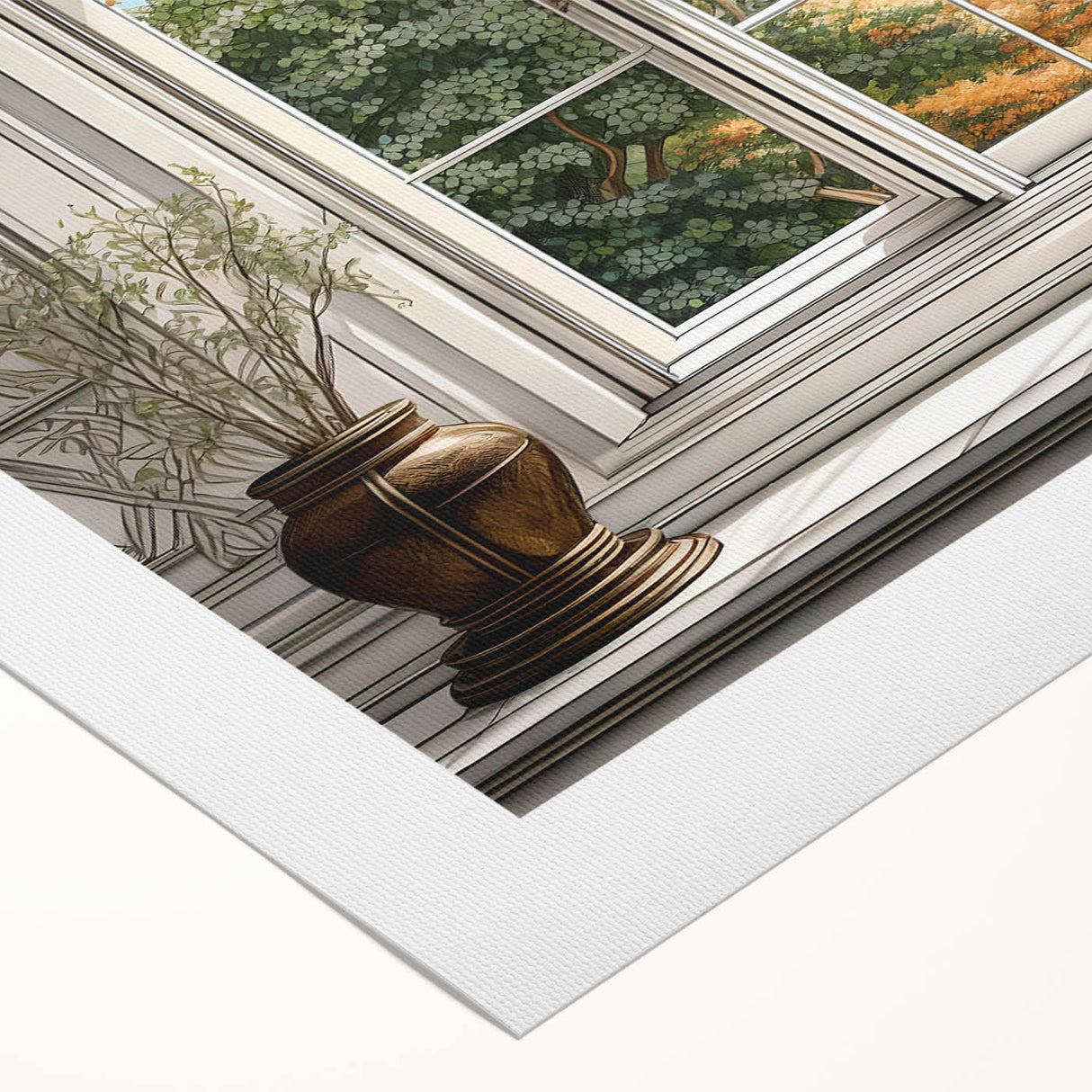 Art deco poster featuring symmetrical architecture and window designs, rendered in muted beige tones on rolled canvas.