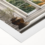 Art deco poster featuring symmetrical architecture and window designs, rendered in muted beige tones on rolled canvas.