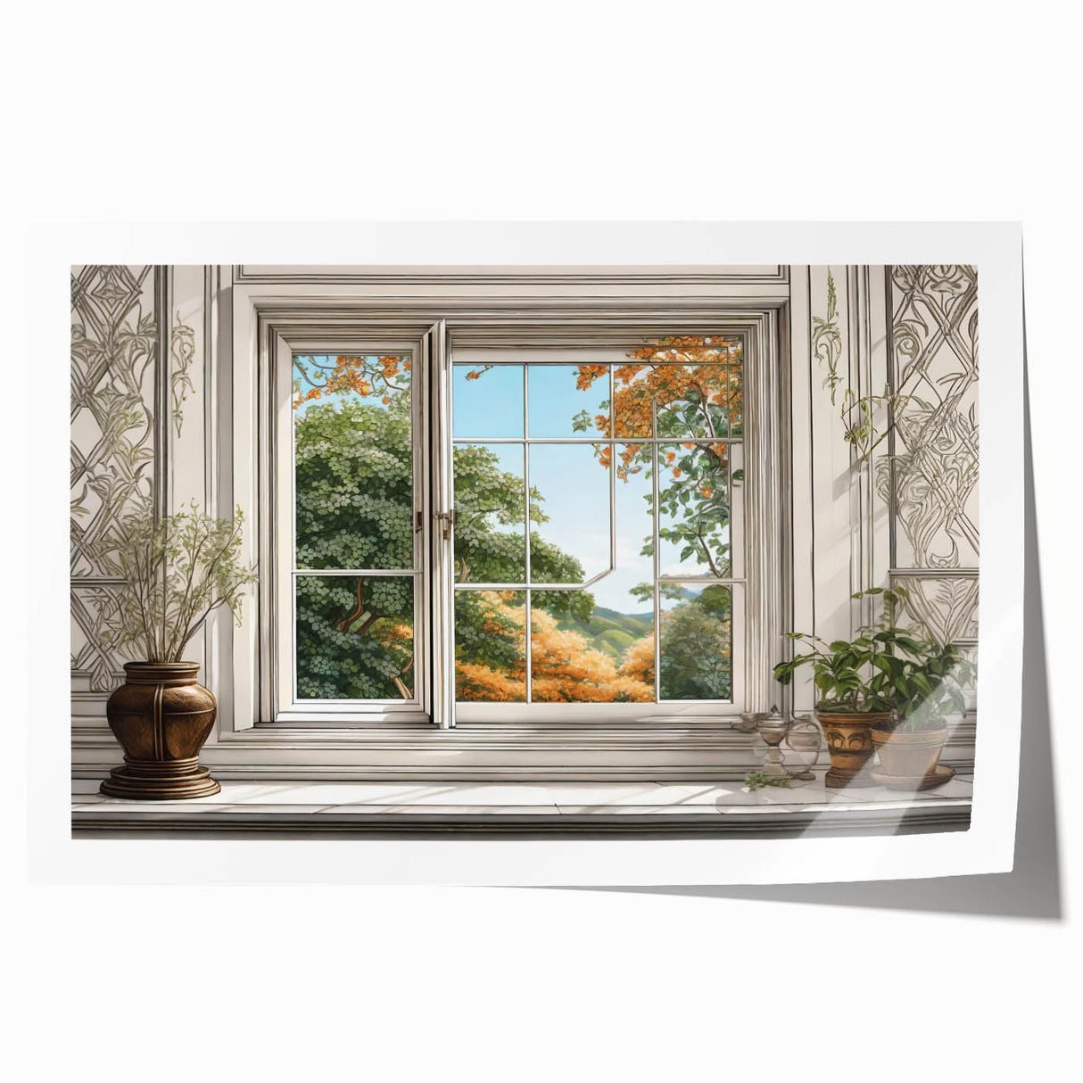 Rolled print of a large floral design in soft pastel shades, suitable as art wall for dining rooms.
