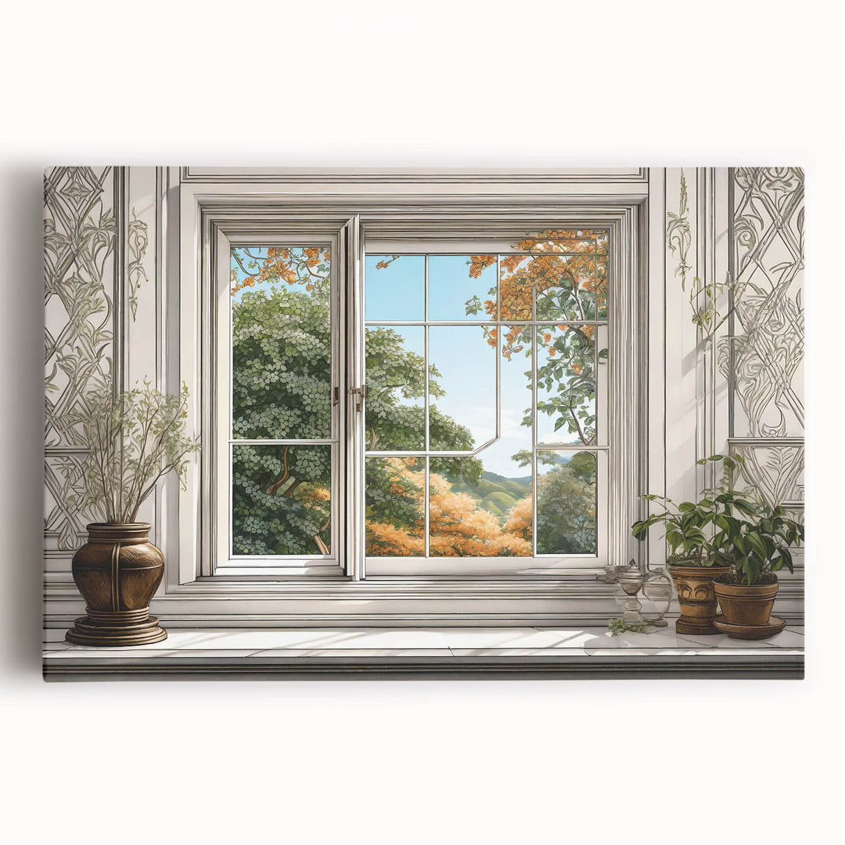 Large black and white photo of architectural windows on stretched canvas, ideal for kitchen wall art.