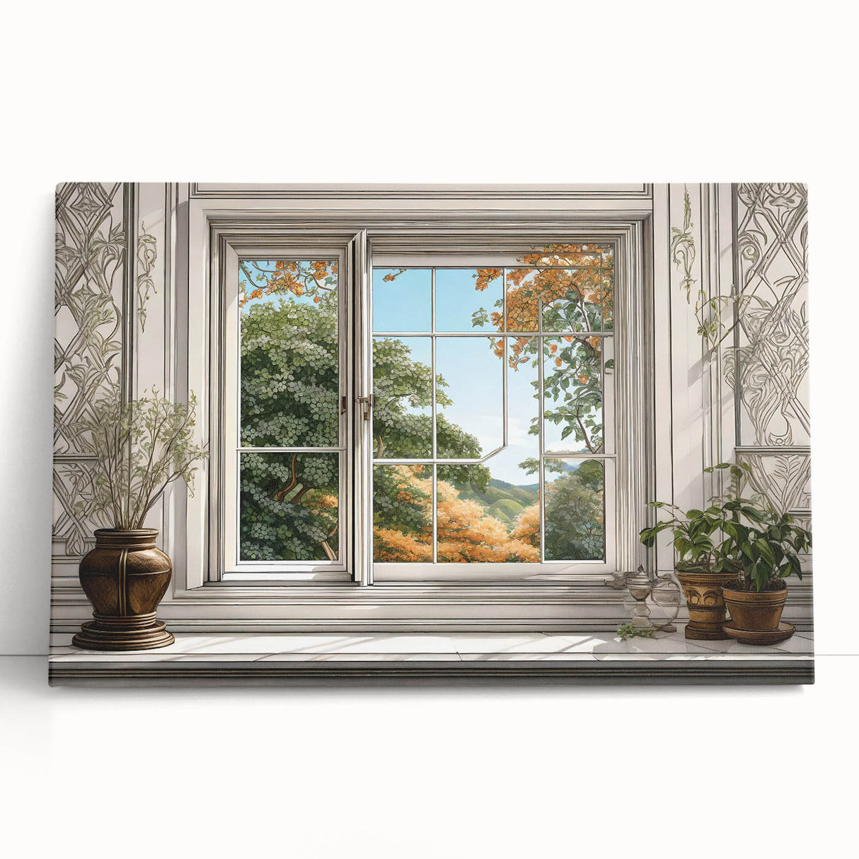 Black and white photo of an architectural window design on a stretched canvas.