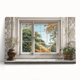 Black and white photo of an architectural window design on a stretched canvas.
