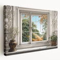 Side view of a large stretched canvas showing a detailed architectural window design in neutral tones.