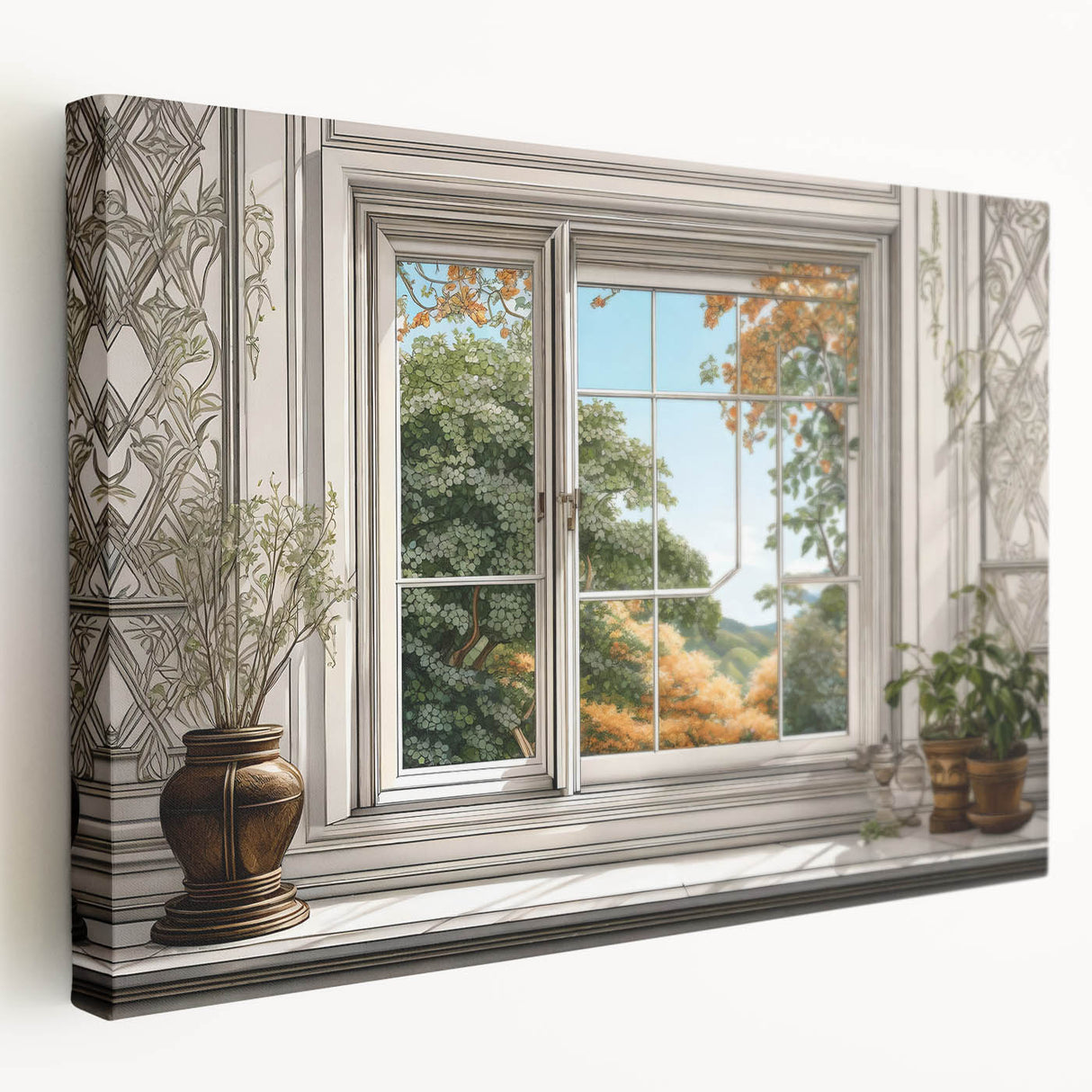 Side view of a large stretched canvas showing a detailed architectural window design in neutral tones.