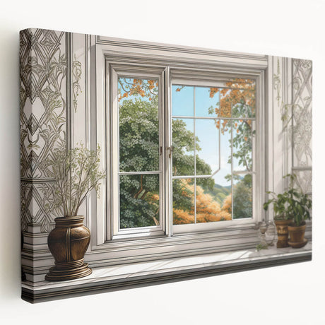 Side view of a large stretched canvas showing a detailed architectural window design in neutral tones.