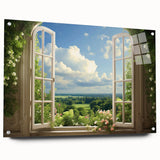 Large abstract wall art on acrylic glass depicting geometric window designs in muted grays.